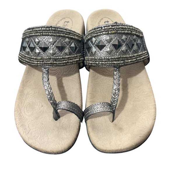 Taos Womens Genie Sandals US Size 8 Metallic Pewter Beaded Studded Toe Loop - Picture 2 of 9